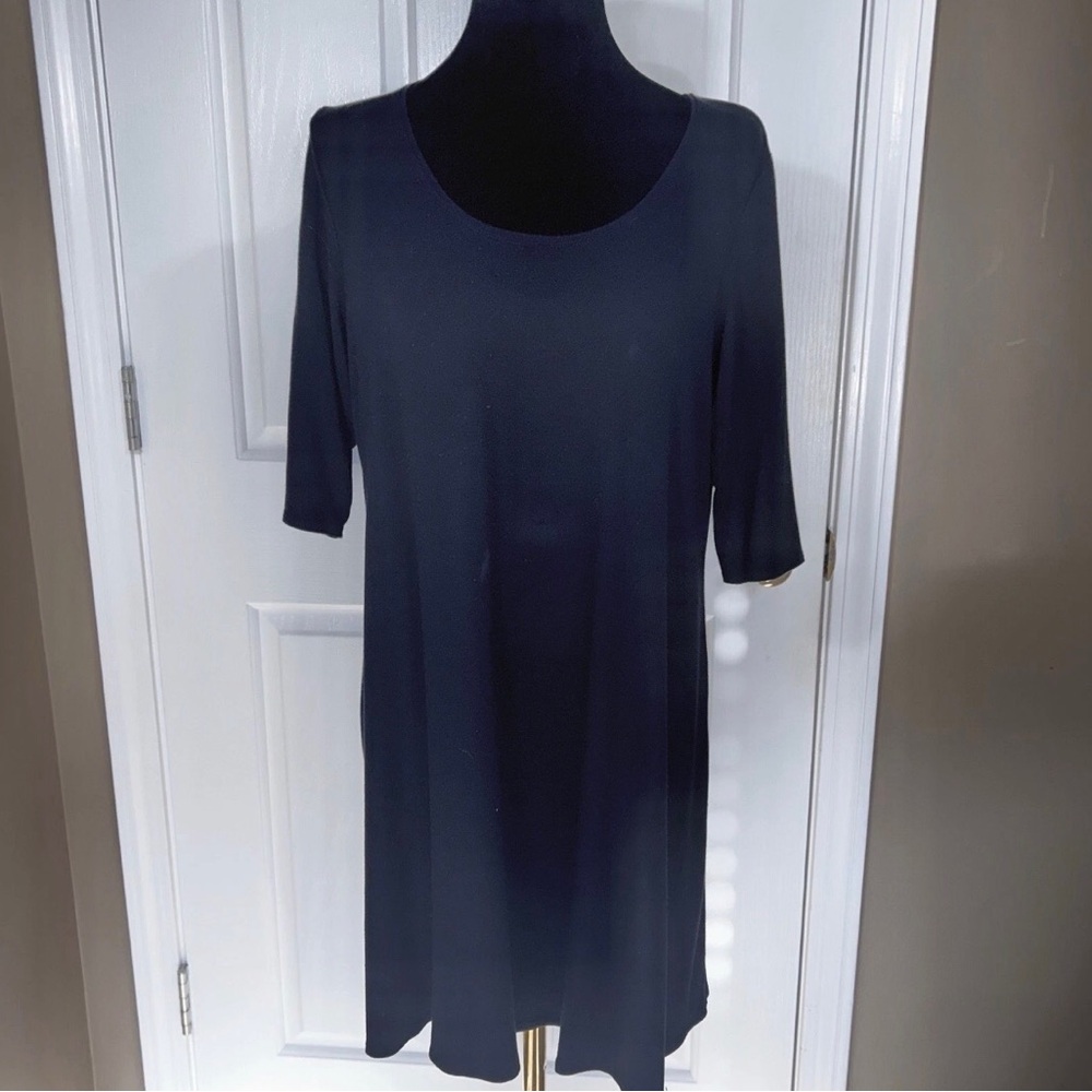 Eileen Fisher Black Viscose Lycra Jersey Scoop Neck A-Line Shift Tunic Dress L